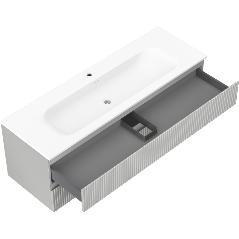 Mexen Rivel fürdőszobai szekrény 140 cm-es Vela mosdóval, 2 fiókos, bordázott, szürke matt/fehér matt -