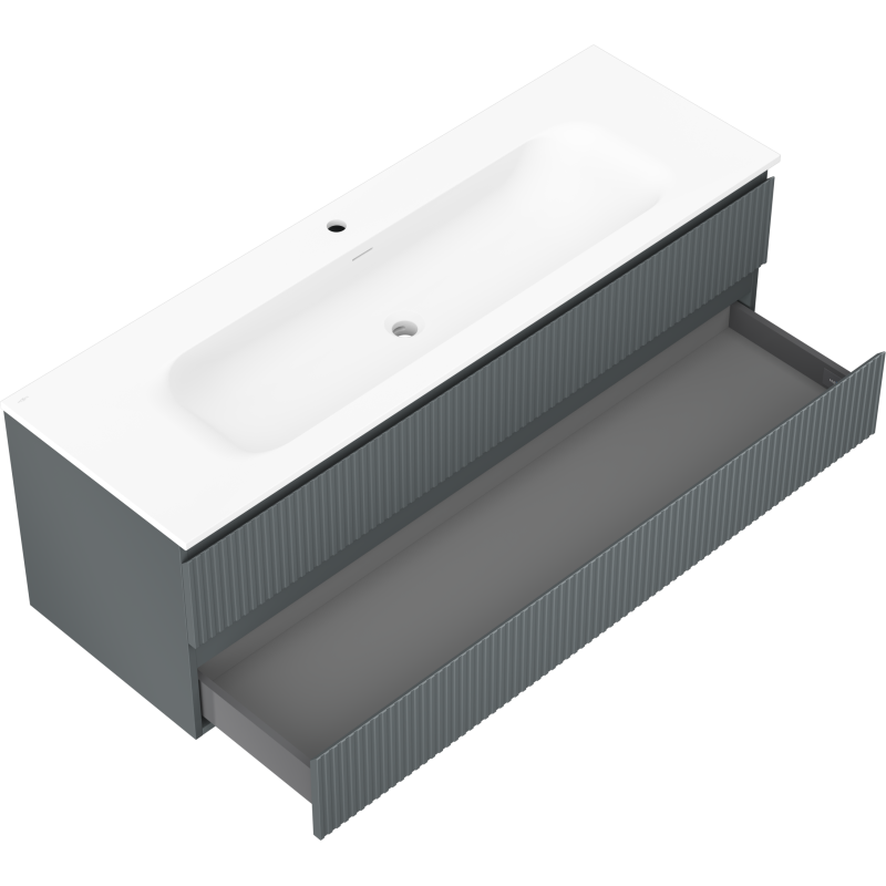 Mexen Rivel 140 cm-es fürdőszobaszekrény mosdóval Vela, 2 fiók, bordázott, grafit matt/fehér matt -