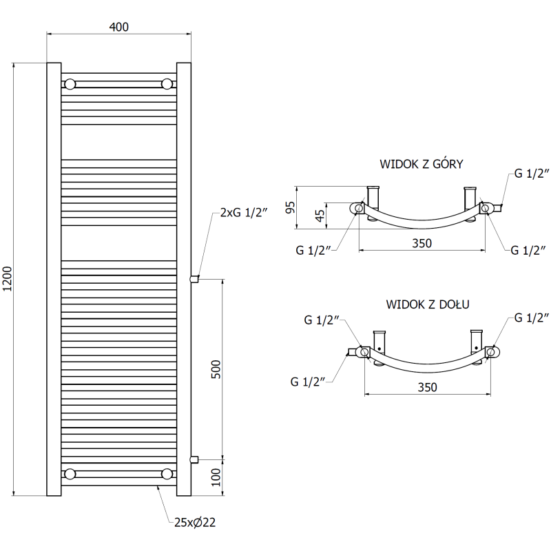 Mexen Ares radiator baie lateral 1200 x 400 mm, 442 W, negru - W102-1200-400-00-70-S