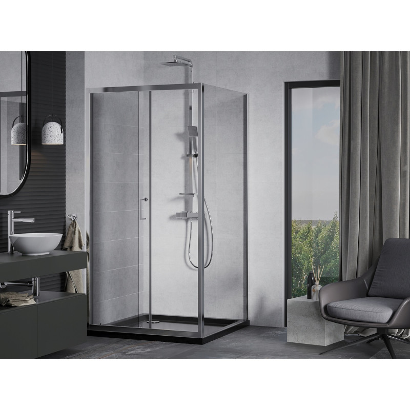 Mexen Apia 90 x 90 cm-es tolóajtós zuhanykabin, átlátszó, króm + Flat zuhanytálca, fekete - 840-090-090-01-00-4070