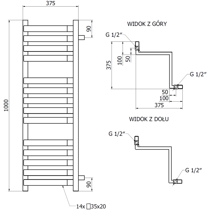 Mexen Loop sarok fürdőszobai radiátor 1000 x 375 mm, 572 W, fekete - W129-1000-350-00-70