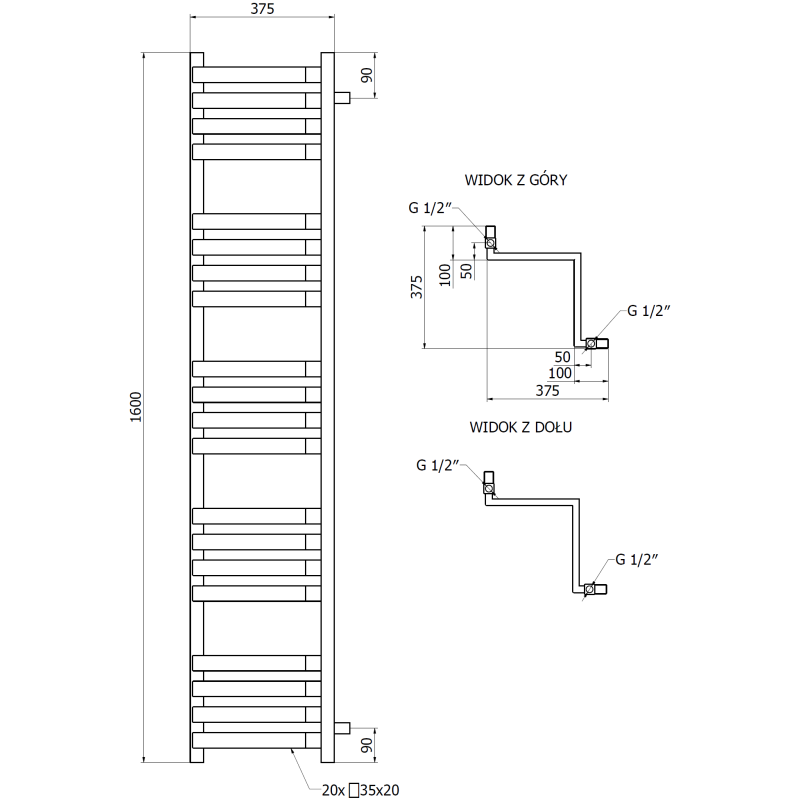 Mexen Loop sarok fürdőszobai radiátor 1600 x 375 mm, 837 W, fekete - W129-1600-350-00-70