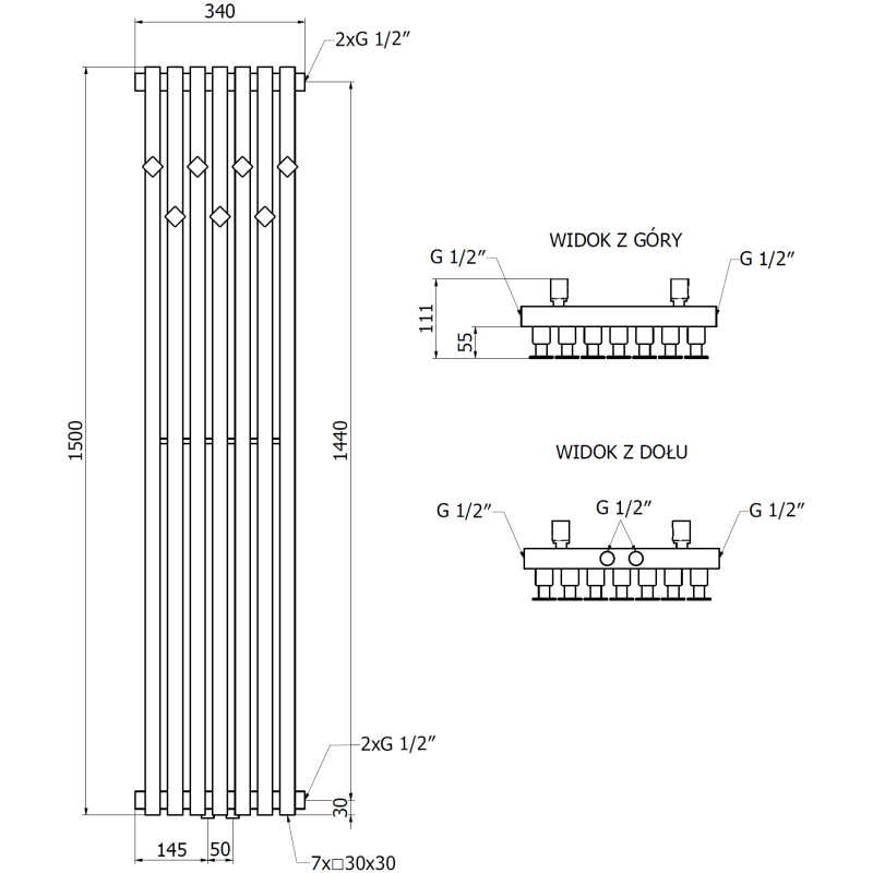 Mexen Flux dekoratív fürdőszobai radiátor 1500 x 340 mm, 630 W, fehér - W127-1500-360-00-20