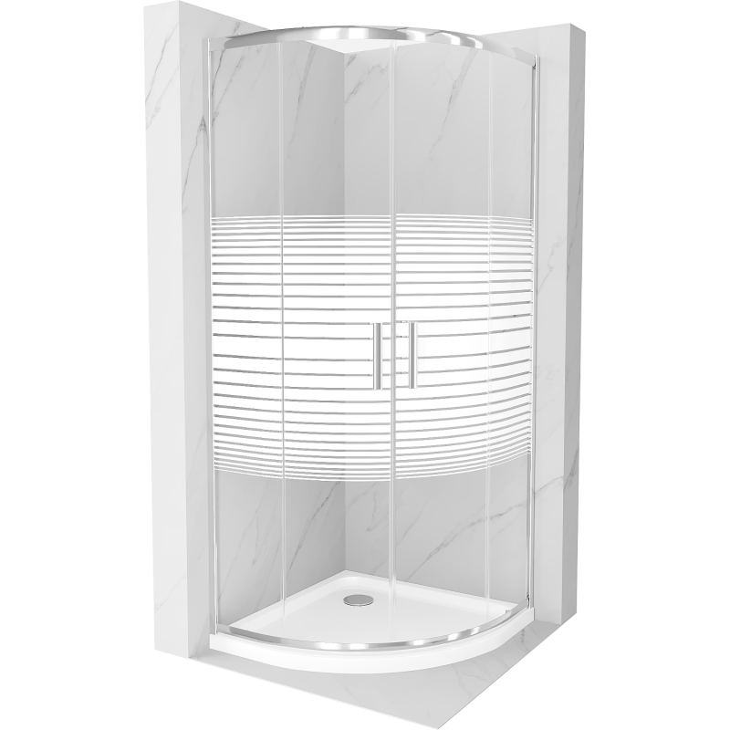 Cabină de duș semirotundă Mexen Rio 90 x 90 cm, dungi albe, crom + cadă Flat, alb - 863-090-090-01-20-4110