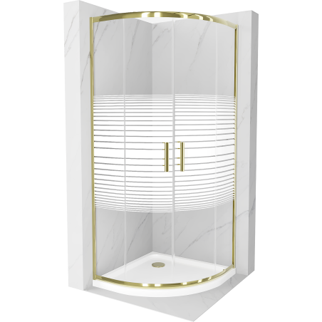 Cabina de duș Mexen Rio semi-rotundă 80 x 80 cm, linii, aur + cadă Flat, alb - 863-080-080-50-20-4110G