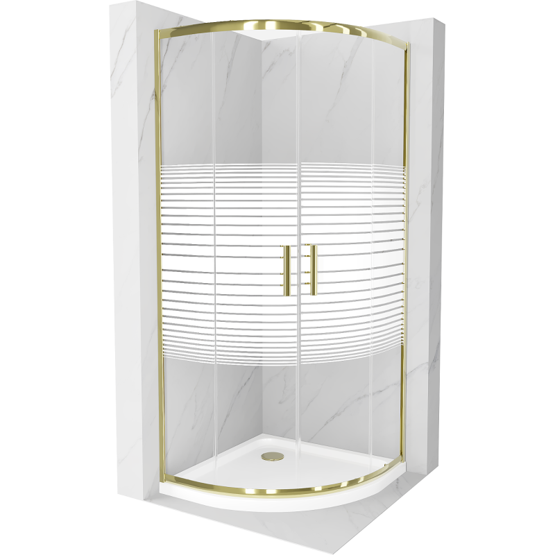Cabina de duș Mexen Rio semicirculară 90 x 90 cm, benzi, aurie + cuvă Flat, albă - 863-090-090-50-20-4110G