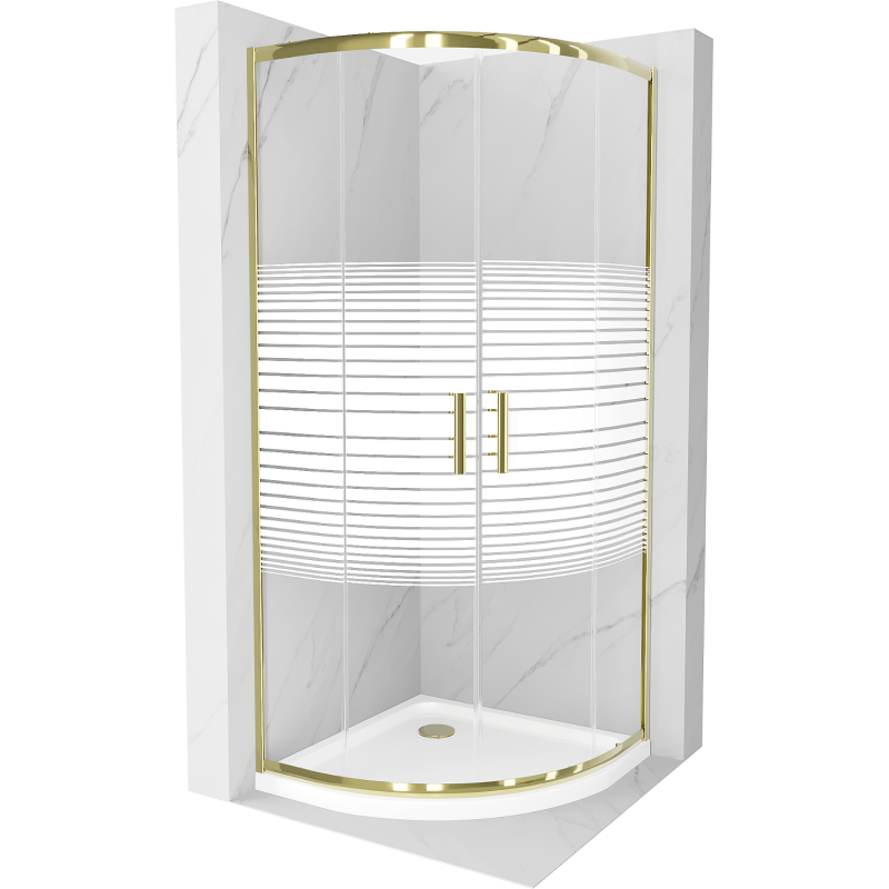 Mexen Rio Félkör alakú zuhanykabin 90 x 90 cm, fehér csíkok, arany + Flat zuhanytálca, fehér - 863-090-090-50-20-4110G