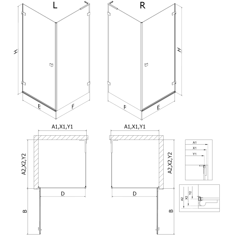 Mexen Lunar-B L cabină de duș cu ușă dreaptă 100 x 90 cm, transparentă, gun metal - 832L-100-090-95-00-P