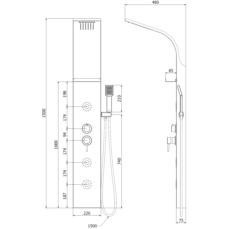 Mexen Borg zuhanypanel, fekete - 7615-03-70