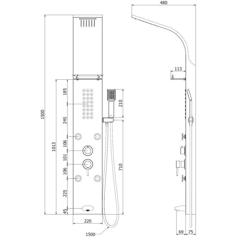 Mexen Adrox panou de duș cu scurgere, negru - 7613-04-70