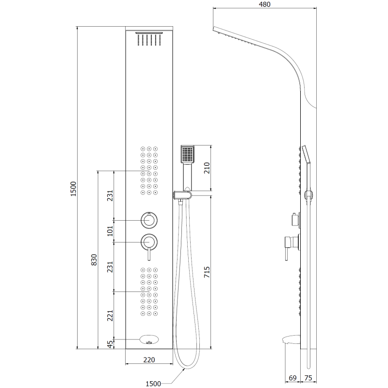 Mexen Ardo panou de duș cu gură de scurgere, negru - 7617-04-70