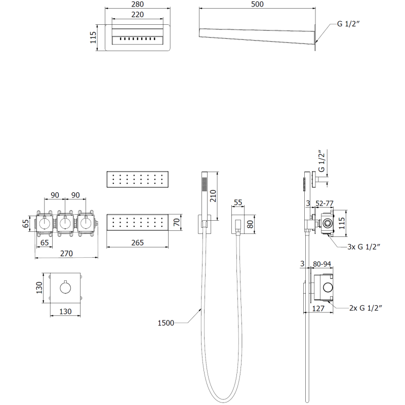 Mexen Fall set de duș încastrat, negru - 7602-04-70
