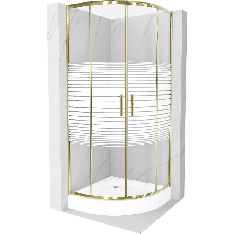 Mexen Rio cabină de duș semicirculară 90 x 90 cm, dungi albe, auriu + cadă Rio, alb - 863-090-090-50-20-4710