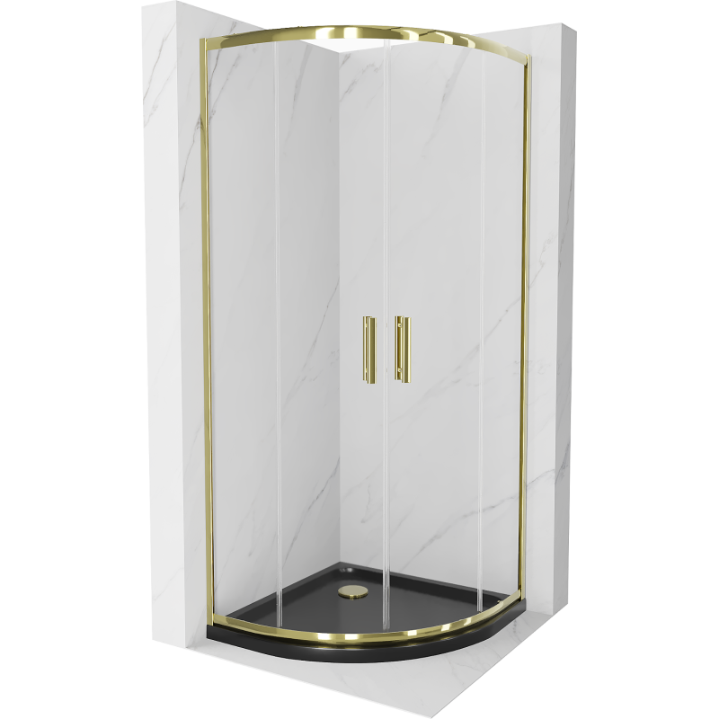 Cabină de duș Mexen Rio semicirculară 80 x 80 cm, transparentă, aurie + cădiță Flat, neagră - 863-080-080-50-00-4170G