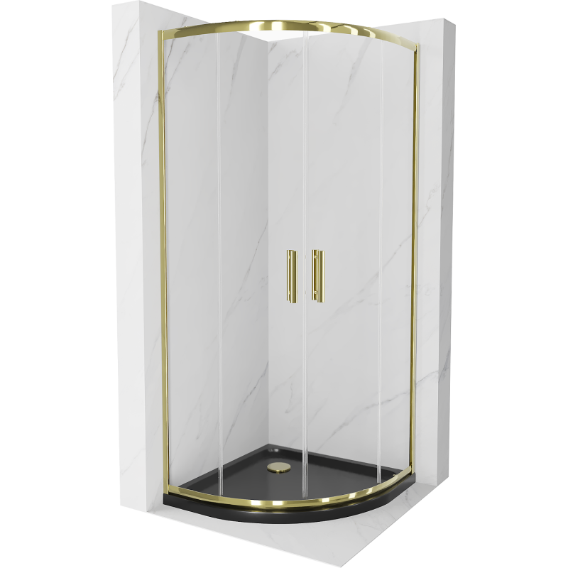 Mexen Rio zuhanykabin félkör ívű 80 x 80 cm, áttransparent, arany + Flat zuhanytálca, fekete - 863-080-080-50-00-4170G