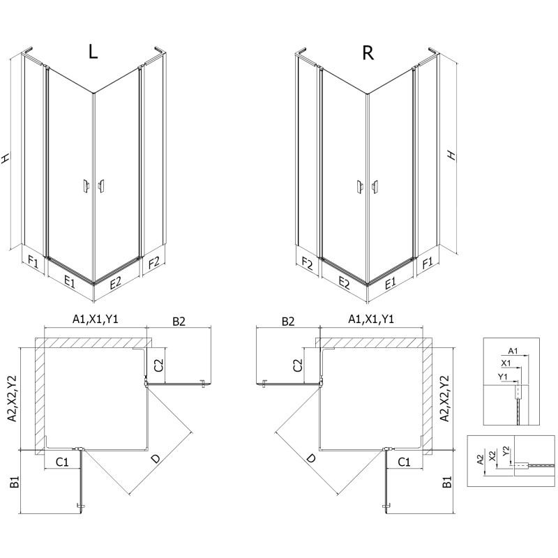 Mexen Mist L Duo zuhanykabin 95 x 95 cm, fekete rács, fekete - 8A4L-095L-095P-70-77