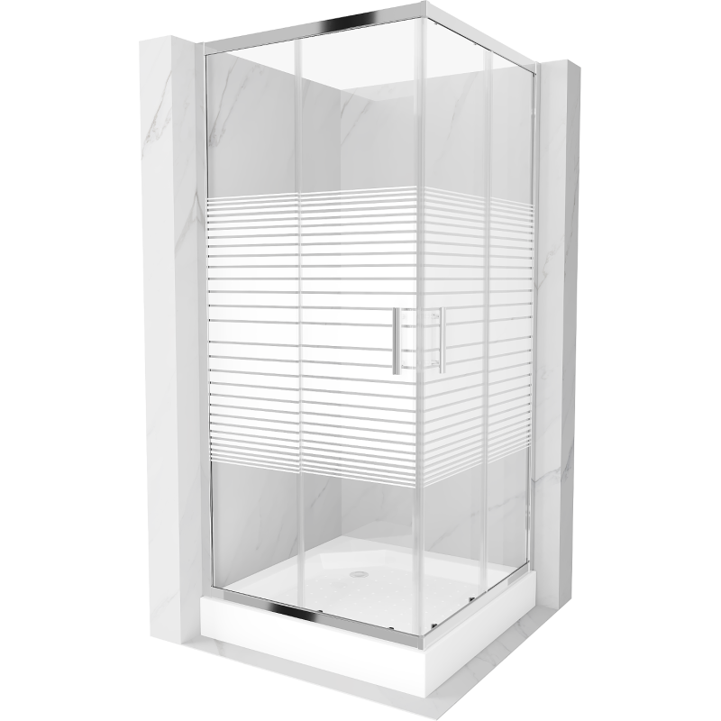 Cabină de duș pătrată Mexen Rio 90 x 90 cm, dungi albe, crom + cadă de duș Rio, alb - 860-090-090-01-20-4510