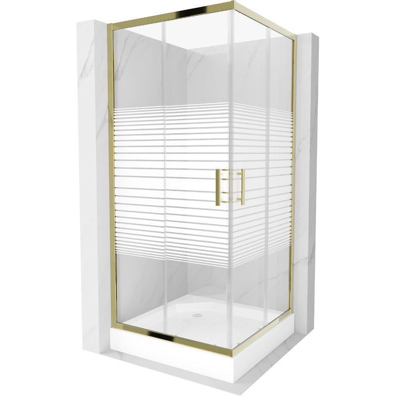 Cabina de duș pătrată Mexen Rio 90 x 90 cm, dungi albe, auriu + cadă Rio, alb - 860-090-090-50-20-4510