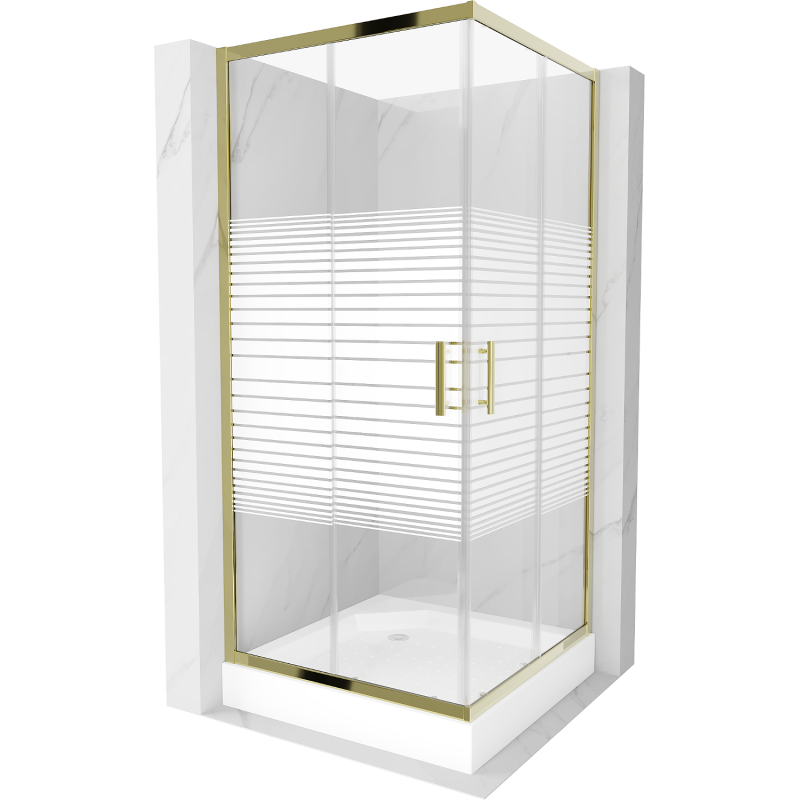 Mexen Rio cabină de duș pătrată 90 x 90 cm, Dungi, Aurie + cadă de duș Rio, Albă - 860-090-090-50-20-4510