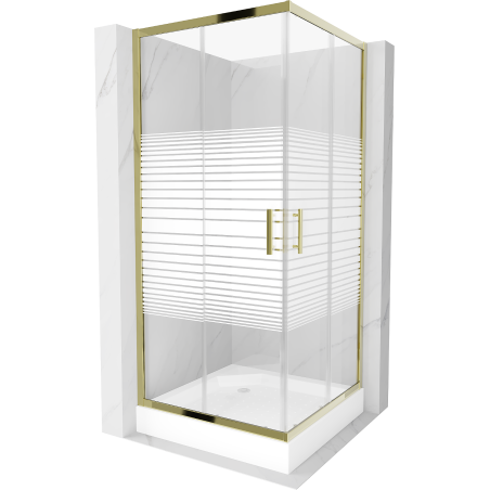 Cabina de duș pătrată Mexen Rio 90 x 90 cm, dungi albe, auriu + cadă Rio, alb - 860-090-090-50-20-4510