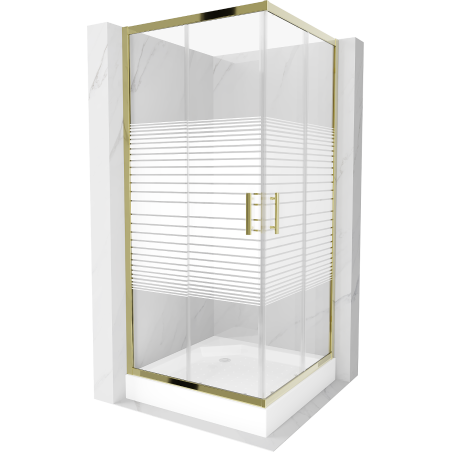 Mexen Rio cabină de duș pătrată 90 x 90 cm, Dungi, Aurie + cadă de duș Rio, Albă - 860-090-090-50-20-4510