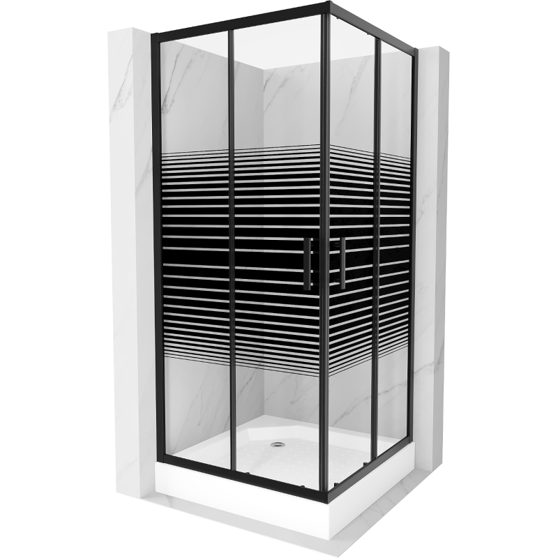 Mexen Rio 90 x 90 cm-es négyzet alakú zuhanykabin, fekete csíkok, fekete + zuhanytálca, fehér - 860-090-090-70-20-4510
