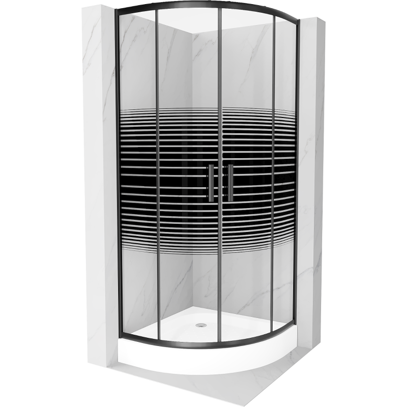 Mexen Rio cabina de duș semirotundă 90 x 90 cm, dungi negre, negru + cadă de duș, alb - 863-090-090-70-20-4710