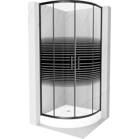 Cabina de duș Mexen Rio semicirculară 90 x 90 cm, dungi, neagră + bazin Rio, alb - 863-090-090-70-20-4710