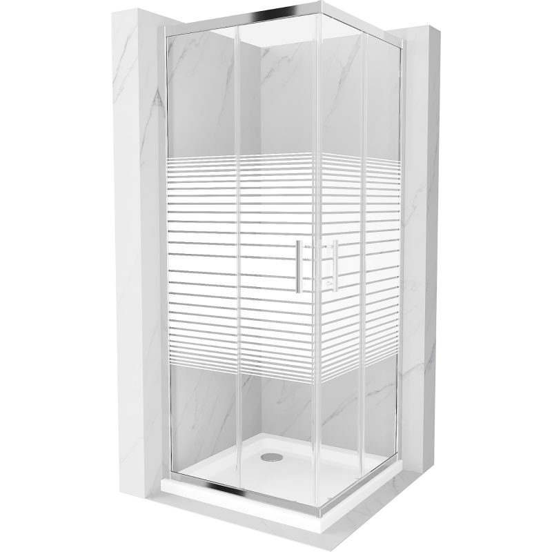 Mexen Rio 90 x 90 cm-es szögletes zuhanykabin, fehér csíkok, króm + Flat zuhanytálca, fehér - 860-090-090-01-20-4010