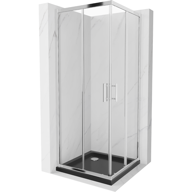Cabină de duș pătrată Mexen Rio 90 x 90 cm, transparentă, crom + cadă de duș Flat, neagră - 860-090-090-01-00-4070