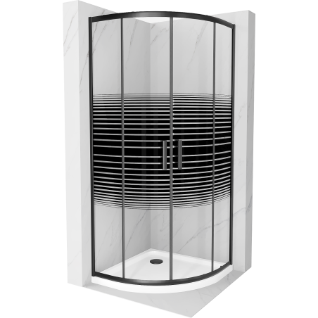 Mexen Rio cabina de duș semicirculară 80 x 80 cm, dungi negre, neagră + cadă de duș Flat, albă - 863-080-080-70-20-4110B