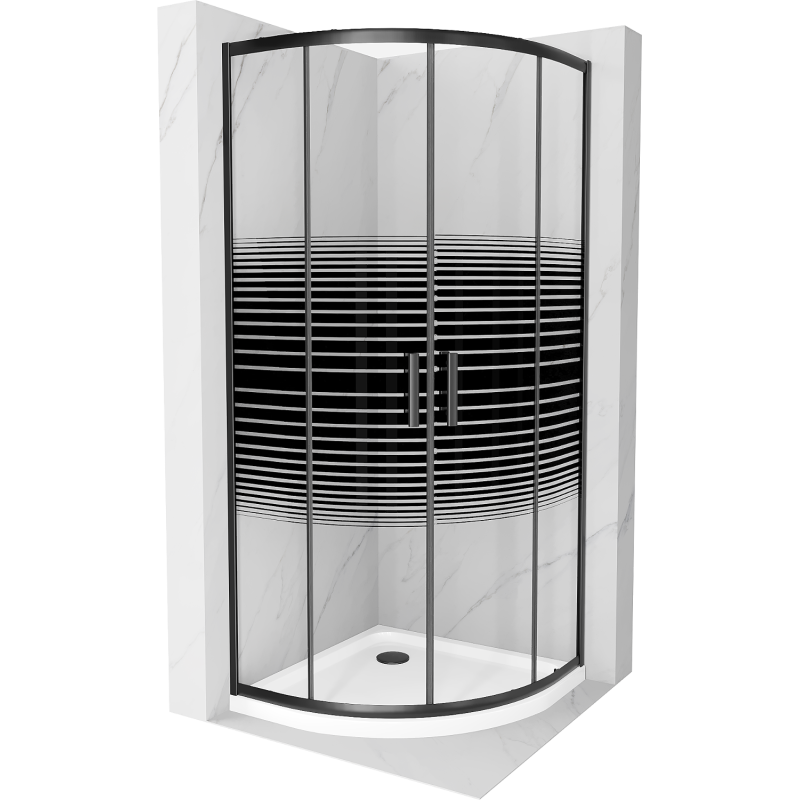 Mexen Rio 90 x 90 cm félköríves zuhanykabin, fekete csíkok, fekete + Flat zuhanytálca, fehér - 863-090-090-70-20-4110B