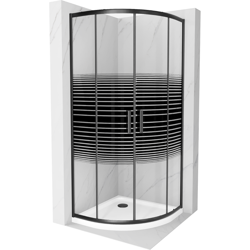 Mexen Rio cabina de duș semicirculară 90 x 90 cm, benzi negre, negru + cadă Flat, alb - 863-090-090-70-20-4110B