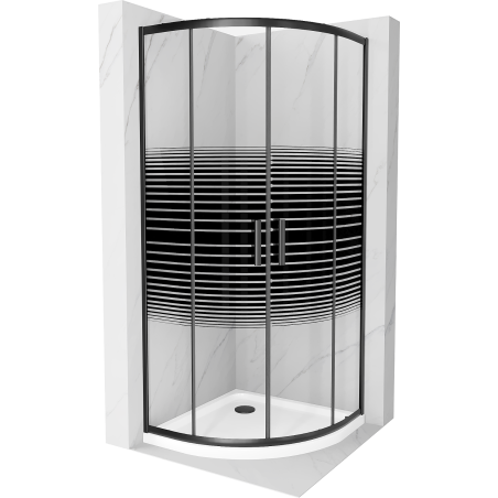Mexen Rio 90 x 90 cm félköríves zuhanykabin, fekete csíkok, fekete + Flat zuhanytálca, fehér - 863-090-090-70-20-4110B