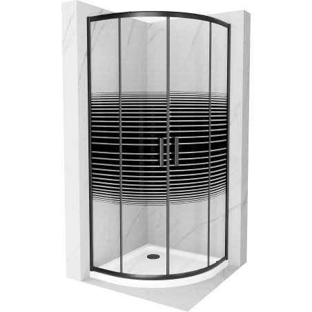 Mexen Rio cabina de duș semicirculară 90 x 90 cm, benzi negre, negru + cadă Flat, alb - 863-090-090-70-20-4110B