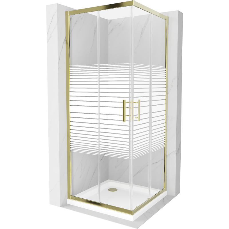 Cabină de duș pătrată Mexen Rio 80 x 80 cm, dungi albe, auriu + cădiță Flat, alb - 860-080-080-50-20-4010G