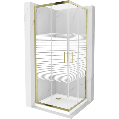Cabină de duș pătrată Mexen Rio 80 x 80 cm, dungi albe, auriu + cădiță Flat, alb - 860-080-080-50-20-4010G