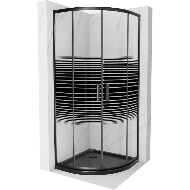 Mexen Rio cabina de duș semicirculară 80 x 80 cm, benzi negre, neagră + cadă de duș Flat, neagră - 863-080-080-70-20-4170B