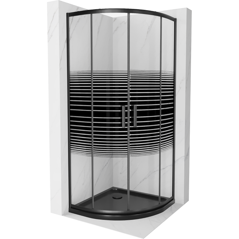 Mexen Rio 90 x 90 cm-es félköríves zuhanykabin, fekete csíkok, fekete + lapos zuhanytálca, fekete - 863-090-090-70-20-4170B