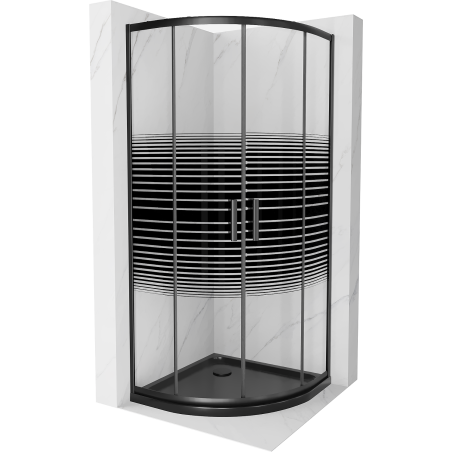 Mexen Rio 90 x 90 cm-es félköríves zuhanykabin, fekete csíkok, fekete + lapos zuhanytálca, fekete - 863-090-090-70-20-4170B