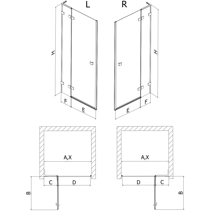 Mexen Lunar L uși de duș batante stânga 70 cm, transparent, aurie periată - 834L-070-000-55-00-L