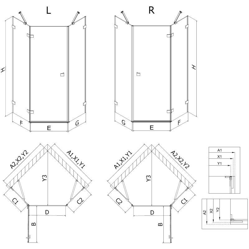 Mexen Lunar cabină de duș pentagonală cu ușă batantă stânga 90 x 90 cm, transparentă, albă - 831-090L-090P-20-00-L