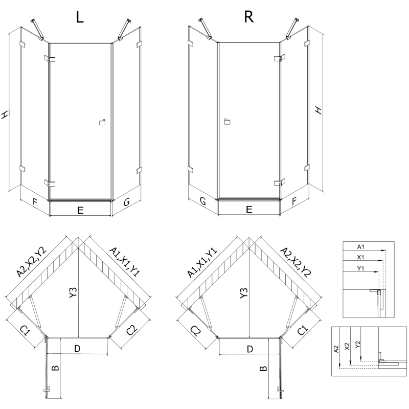 Mexen Lunar cabină de duș pentagonală cu deschidere la stânga 80 x 80 cm, transparent, aur roz - 831-080L-080P-60-00-L