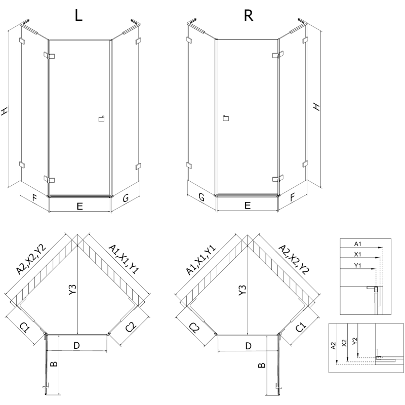 Mexen Lunar L cabină de duș pentagonală batantă stânga 90 x 90 cm, transparent, crom - 831L-090L-090P-01-00-L