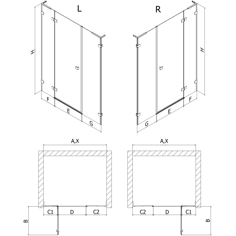 Mexen Lunar L ușă de duș batantă dreapta 155 cm, transparentă, neagră - 834SL-155-050-70-00-P