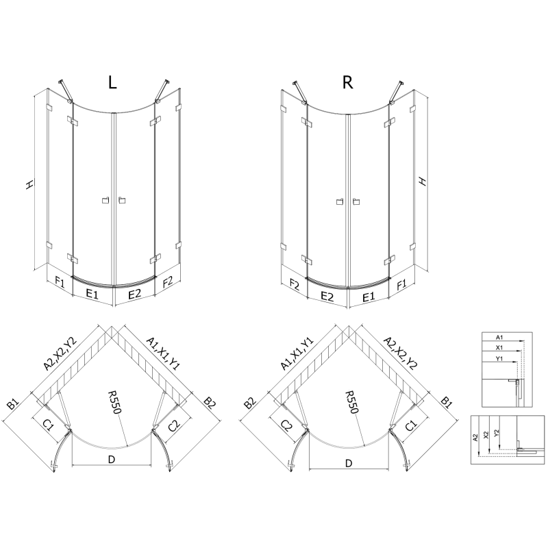 Mexen Lunar cabină de duș semirotundă articulată stânga 100 x 90 cm, transparent, gri pistol periat - 833-100L-090P-66-00