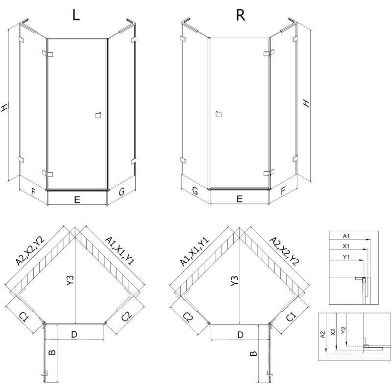 Mexen Lunar L cabină de duș pentagonală cu deschidere spre stânga 80x100 cm, transparentă, gri pistol periat