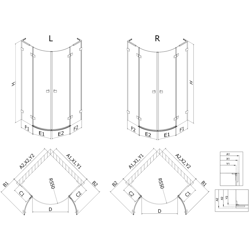 Mexen Lunar L félköríves zuhanykabin nyílóajtó 90 x 90 cm, átlátszó, rózsaarany - 833L-090L-090P-60-00