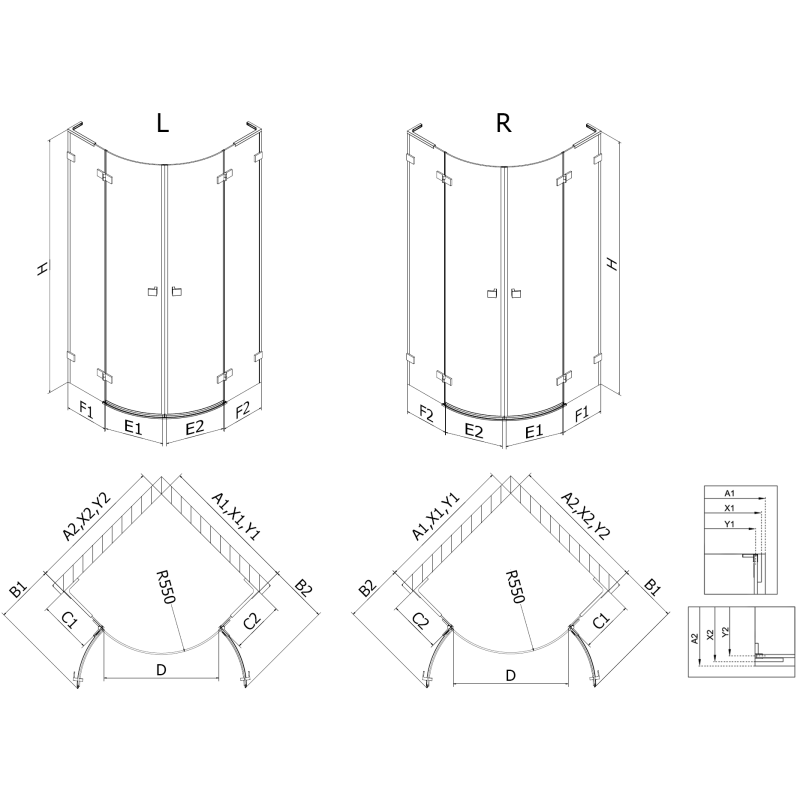 Mexen Lunar L cabină de duș semicirculară cu balamale 80 x 80 cm, transparent, gri armă periat - 833L-080L-080P-66-00