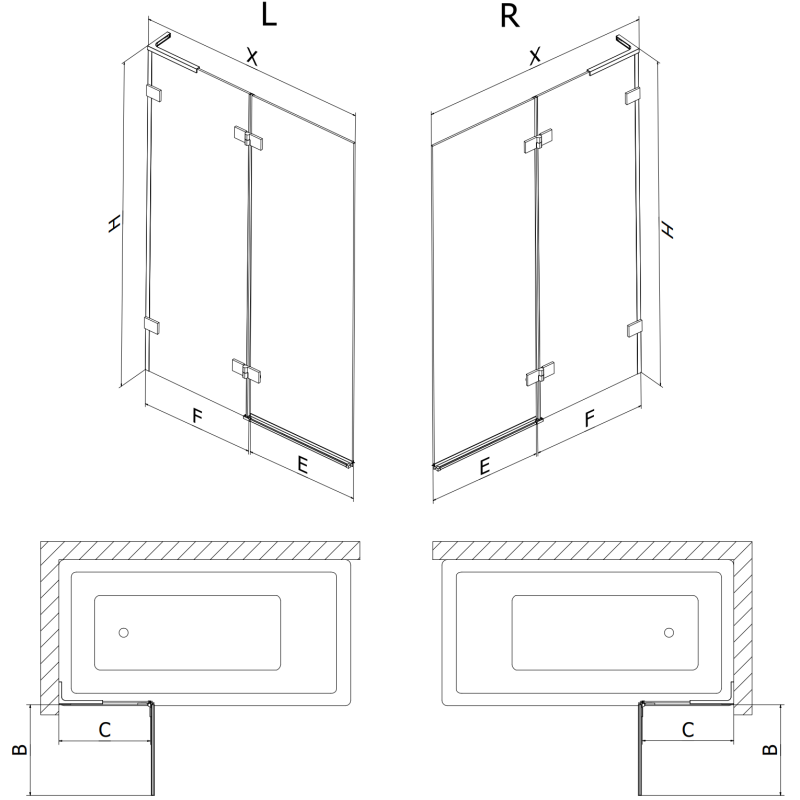 Mexen Lunar L paravan cadă cu 2 panouri, stânga, 80 x 150 cm, transparent, alb - 897L-080-100-20-00-L